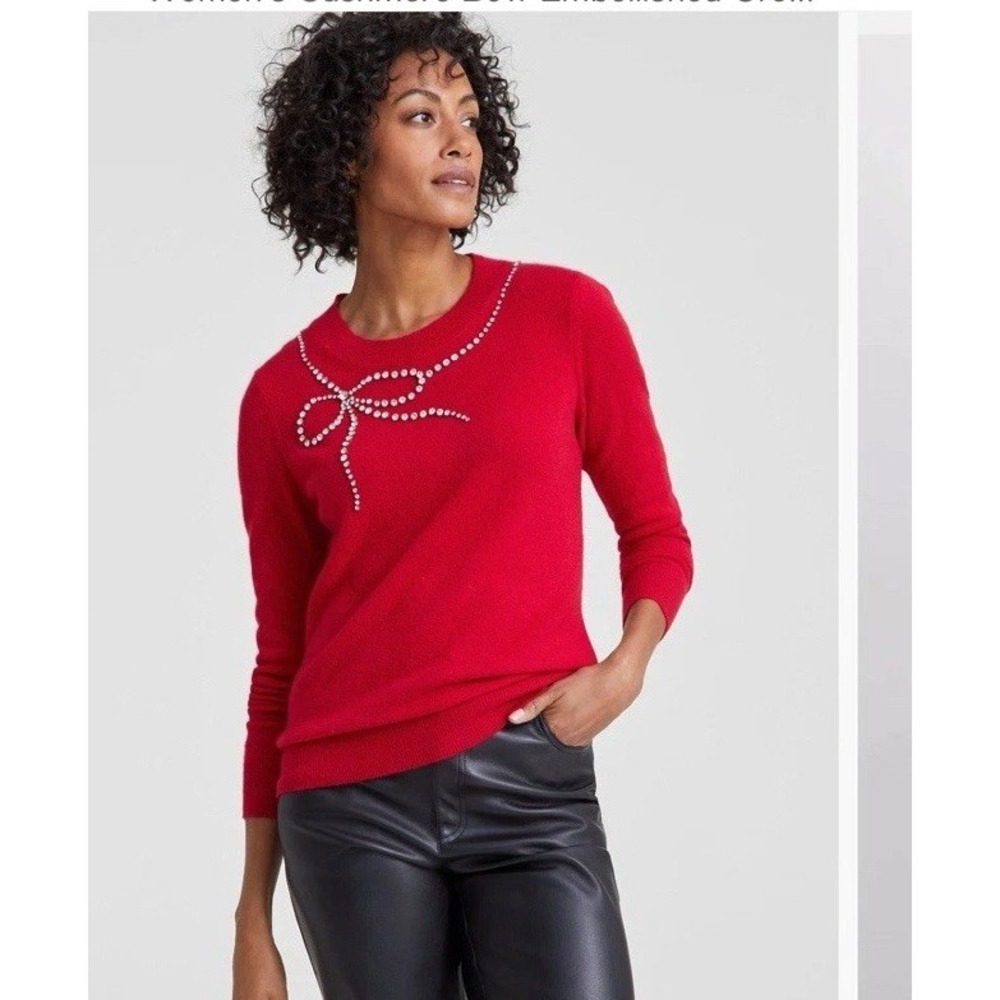 Charter Club Red Crewneck Sweater with Rhinestone Bow